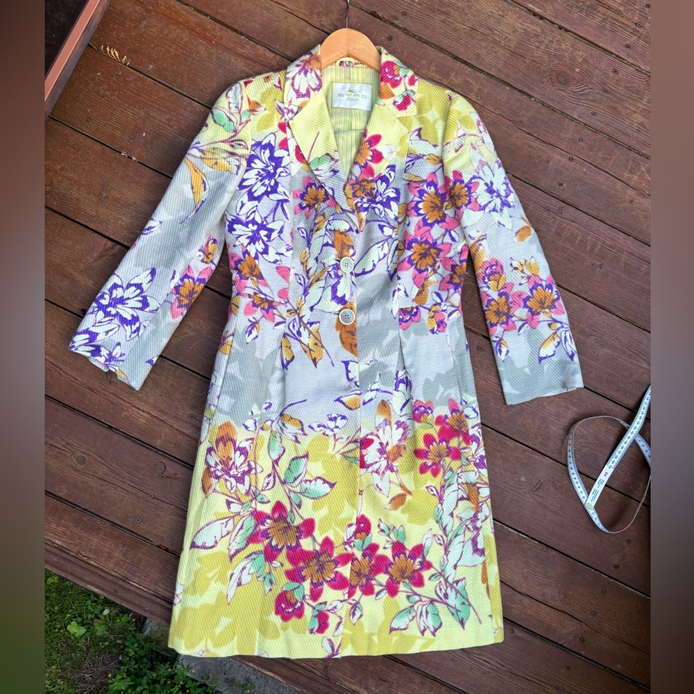 Etro Yellow and Purple Floral Coat, Silk floral jacket, Italian designer coat